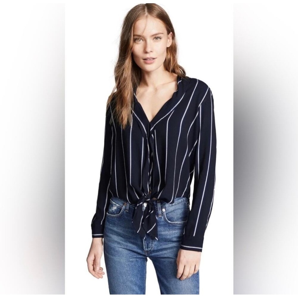 Rails Ava Livorno Blouse Stripe Navy Metallic Tie Front Top M Medium V Neck